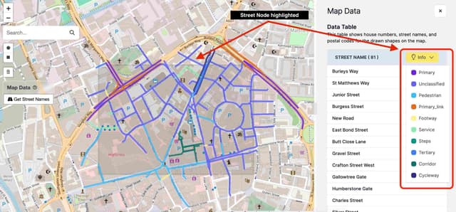Highway nodes highlighted on map with colour legend