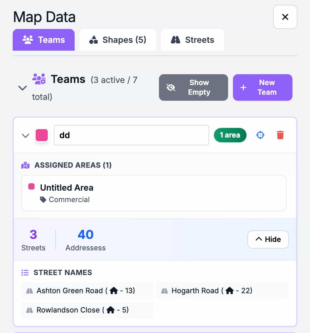 Screenshot of the Map Data interface with the Teams tab selected. One team named “dd” has 1 assigned commercial area, 3 streets, and 40 addresses listed, including Ashton Green Road, Hogarth Road, and Rowlandson Close.